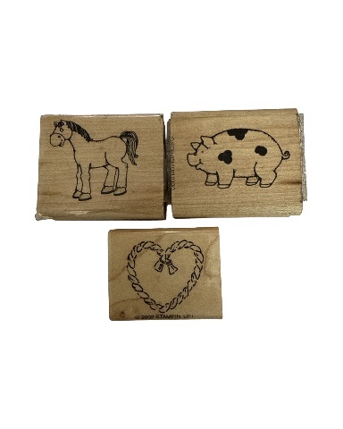 Farm Animals Horse Pig Rope Heart Wooden Rubber Stamp