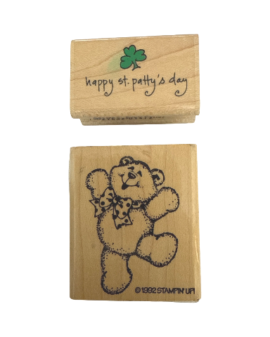 Happy St Patty's Day Teddy Bear Stampington Shamrock Wooden Rubber Stamp