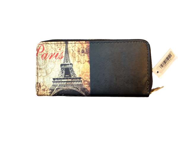 Paris themed Chocolate Zippered clutch purse wallet Credit Card and Coin Holders