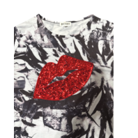 Pesion Black and White Abstract T-Shirt with Red Sequined Lips XXL Pesion Black and White Abstract T-Shirt with Red Sequined Lips XXL