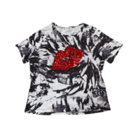 Pesion Black and White Abstract T-Shirt with Red Sequined Lips XXL Pesion Black and White Abstract T-Shirt with Red Sequined Lips XXL