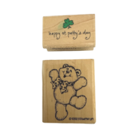 Happy St Patty's Day Teddy Bear Stampington Shamrock Wooden Rubber Stamp