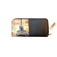 Paris themed Chocolate Zippered clutch purse wallet Credit Card and Coin Holders