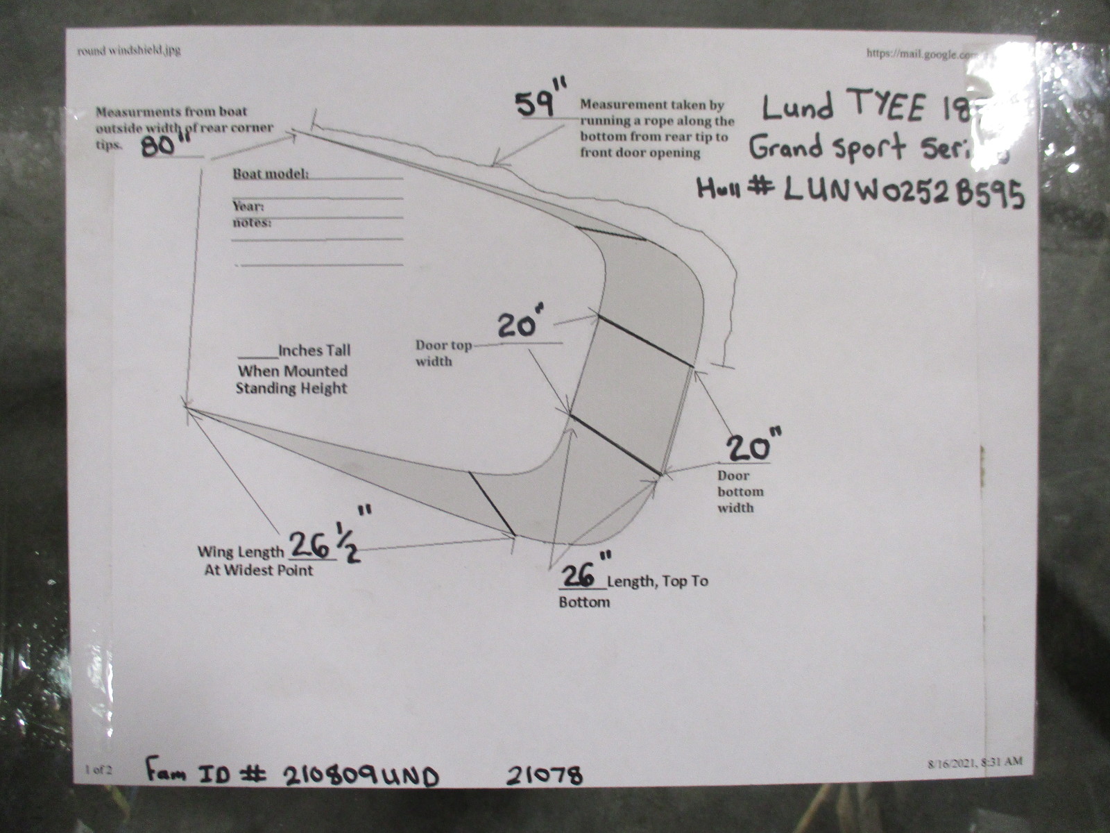 1995 Lund Tyee 1850 Grand Sport Boat Windshield Window Glass Curved