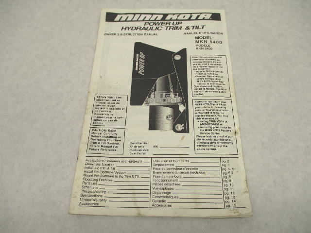 Owner's Instruction Manual for MinnKota Power Up Hydraulic Trim Tilt MKN5400