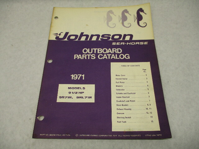 386210 1971 Johnson Sea-Horse Outboard Parts Catalog 9.5 HP Models 9R71R 9RL71R