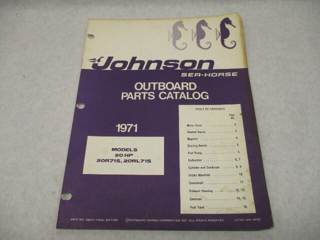 386211 1971 Johnson Sea-Horse Outboard Parts Catalog 20 HP Models 20R71S 20RL71S