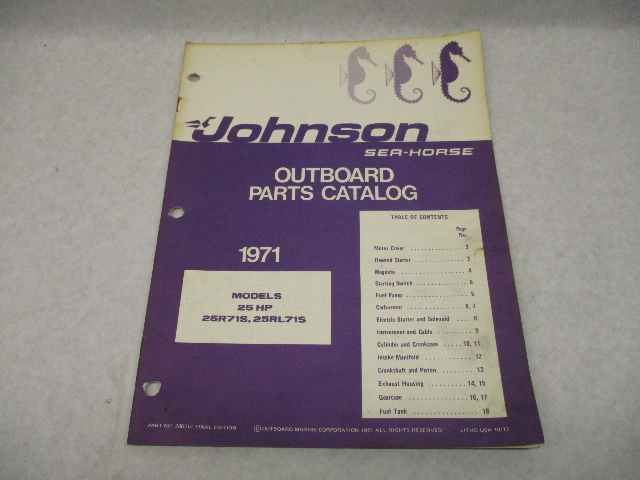 386212 1971 Johnson Sea-Horse Outboard Parts Catalog 25 HP Models 25R71S 25RL71S
