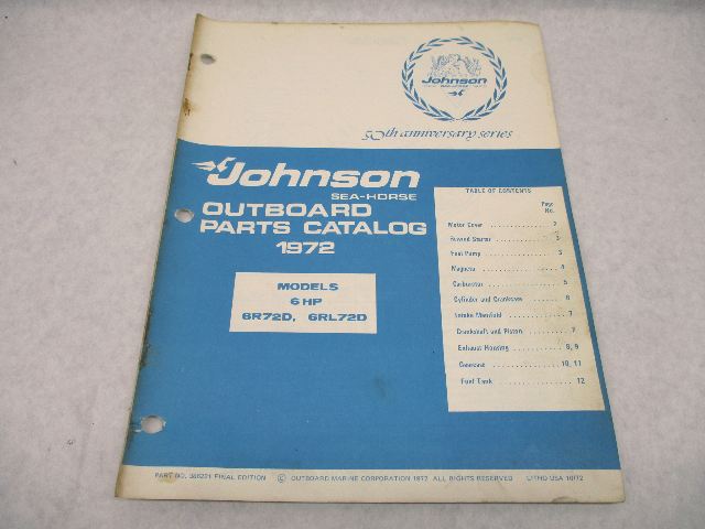 386221 1972 Johnson Sea-Horse Outboard Parts Catalog 6 HP Models 6R72D 6RL72D