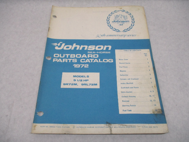 386222 1972 Johnson Sea-Horse Outboard Parts Catalog 9.5 HP Models 9R72M 9RL72M