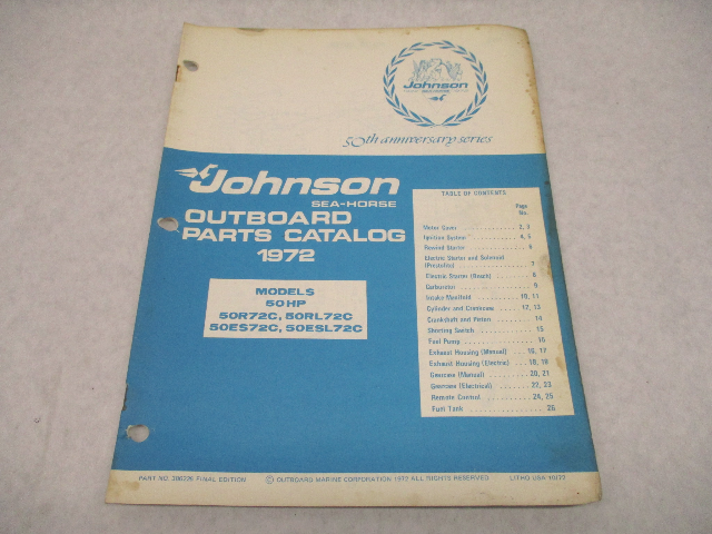 386226 1972 Johnson Sea-Horse Outboard Parts Catalog 50 HP Models