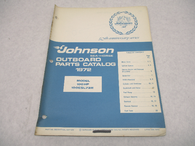 386229 1972 Johnson Sea-Horse Outboard Parts Catalog 100 HP Models 100ESL72R