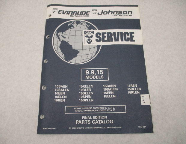 434975 1992 OMC Evinrude Johnson Outboard Parts Catalog 9.9-15 HP