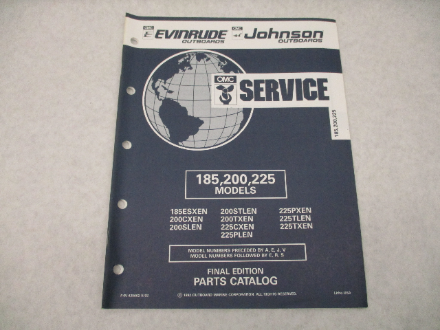 435002 1992 OMC Evinrude Johnson Outboard Parts Catalog 185 200-225 HP