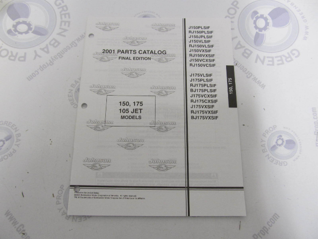 5001689 OMC BRP Johnson 150/175 HP 105 JET Outboard Parts Catalog 2001
