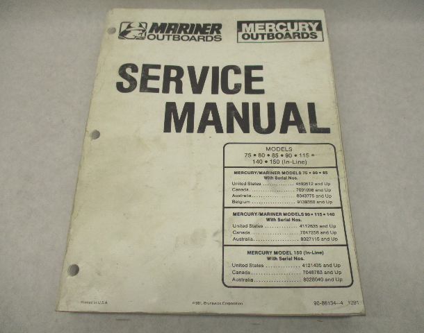 90-86134-4 1291 Mercury Mariner Outboard Service Manual 75-140 HP 150 Inline