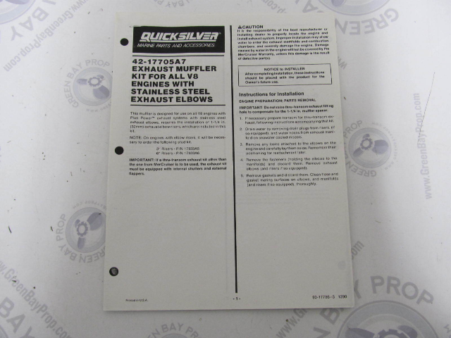 90-17786-3 Quicksilver V8 Exhaust Muffler 42-17705A7 Installation Instructions 1990