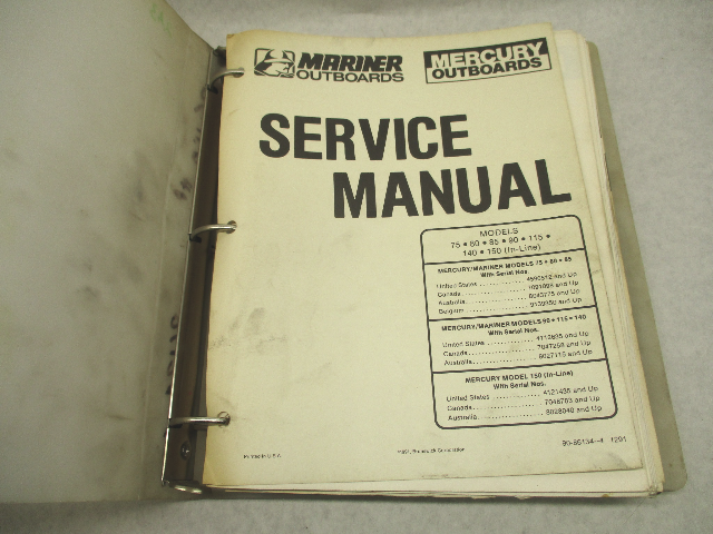 90-86134-4 1291 Mercury Mariner Outboard Service Manual 75-140 HP 150 Inline