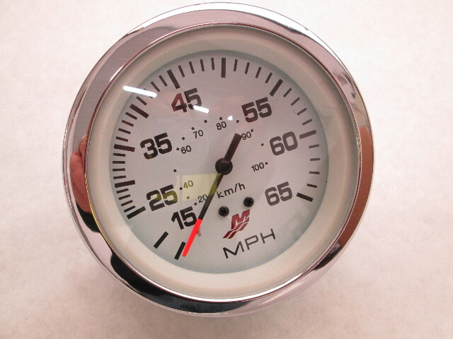 859285A43  Boat Speedometer Mercury Mariner 65 MPH White Face Black Lettering