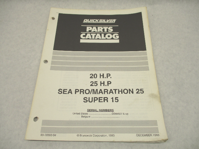 90-18583-94 1993 Quicksilver Outboard Parts Catalog for 20-25 HP Mercury Mariner
