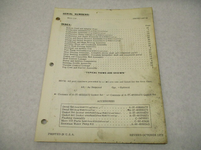 90-62430 1972 Mercury Merc 110, 9.8 HP Model Outboard Parts Manual Catalog