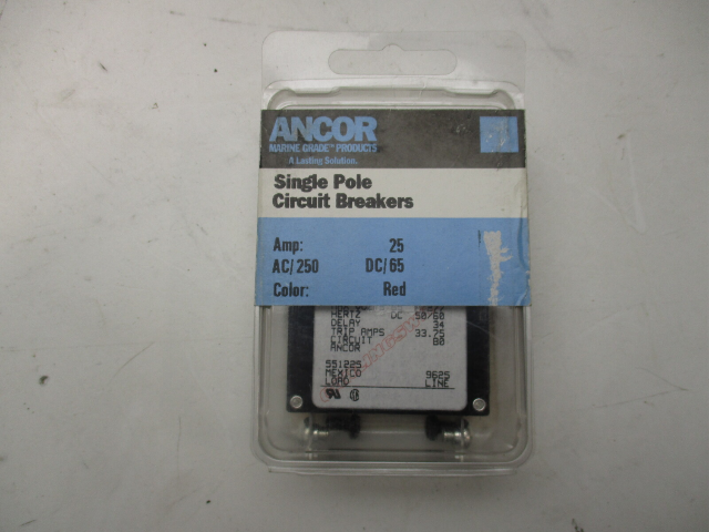 ANCOR Marine Grade Circuit Breaker Single Pole Red Toggle 25 Amp, AC/250, DC/65