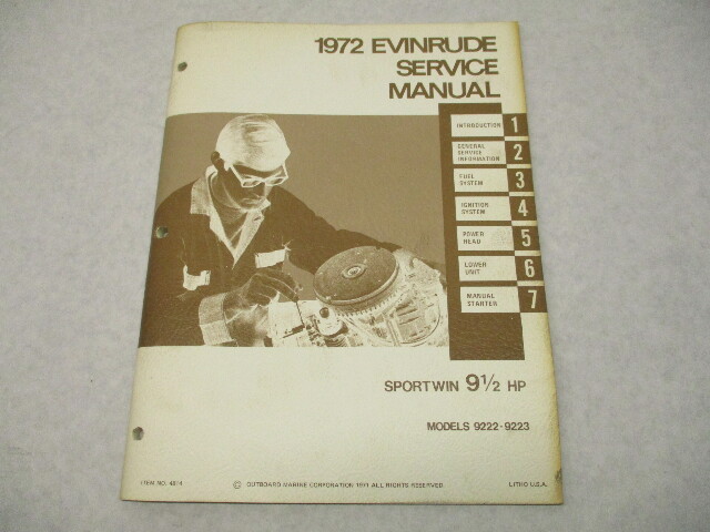 4814 OMC 1972 Evinrude Outboard Service Repair Manual 9.5 HP Sportwin 9222 9223