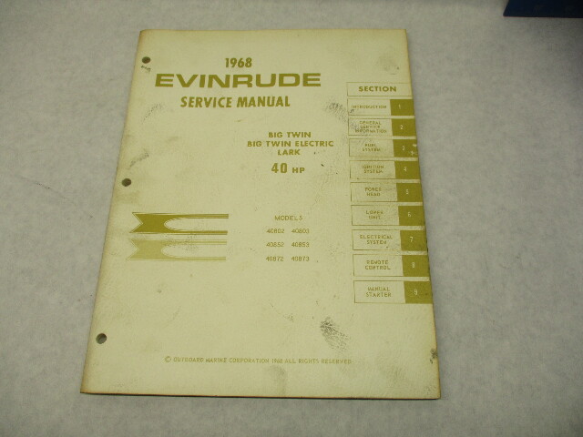 4483 OMC 1968 Evinrude Outboard Service Repair Manual 40 HP Big Twin Electric Lark
