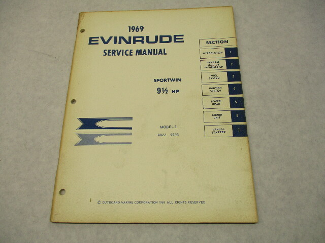 4592 OMC 1969 Evinrude Outboard Service Repair Manual 9.5 HP Sportwin 9922 9923