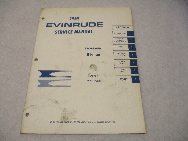 4592 OMC 1969 Evinrude Outboard Service Repair Manual 9-1/2 HP Sportwin 9922 9923