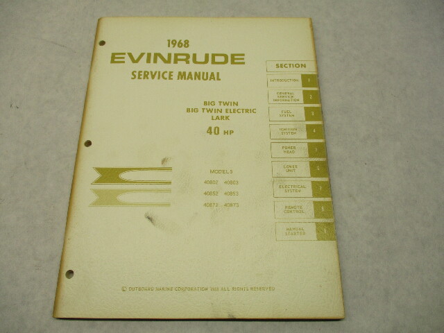 4483 OMC 1968 Evinrude Outboard Service Manual 40 HP Big Twin Electric Lark
