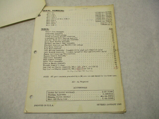 1965 Mercury Marine Merc 110 Outboard Engine Parts List Manual S/N 1470349 & Up