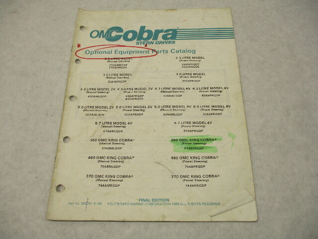 985761 1988 OMC Cobra Stern Drive Optional Equipment Parts Catalog Final Edition