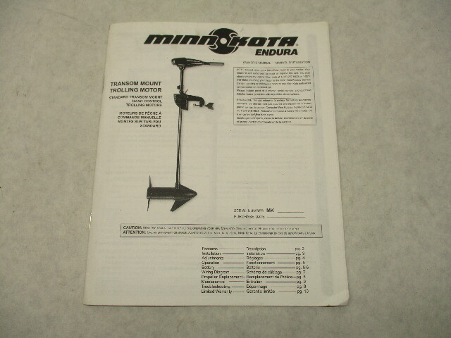2067134 Owner Manual for Minn Kota Endura Transom Mt Hand Control Trolling Motor