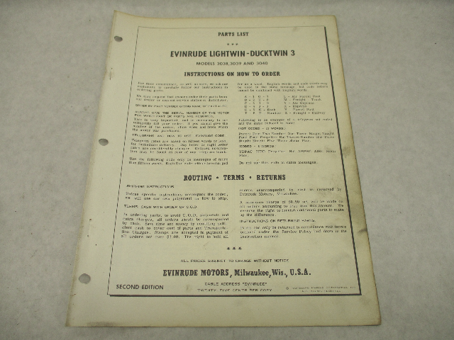 1961 2nd Ed Evinrude Outboard Parts Catalog Lightwin-Ducktwin 3 3038 3039 3040