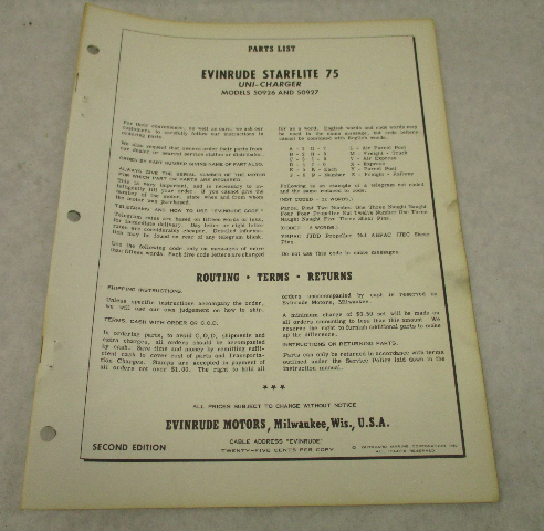 1961 2nd Ed Evinrude Outboard Parts Catalog Starflite 75 Uni-Charger 50926 50927