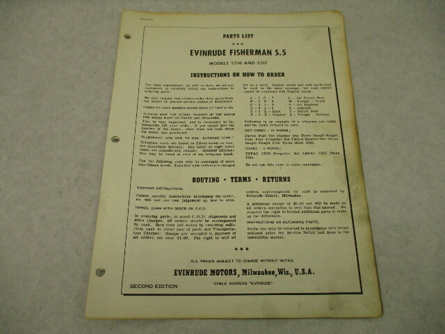 1958 2nd Ed Evinrude Outboard Parts Catalog Fisherman 5.5 5516 5517