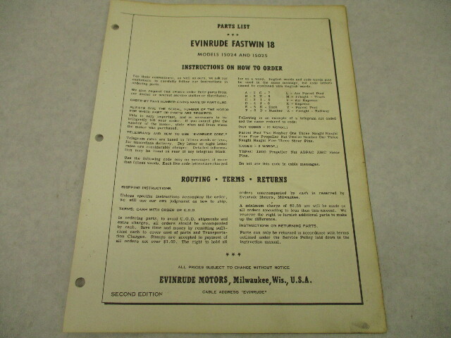 1958 2nd Ed Evinrude Outboard Parts Catalog Fastwin 18 15024 15025