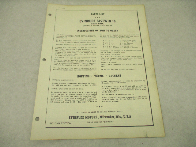 2923 Evinrude Fastwin 18 HP Electric Models Parts List Catalog 1958