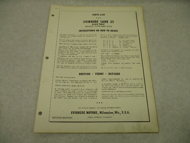 1958 2nd Ed Evinrude Outboard Parts Catalog Lark 35 Electric 35514 35515