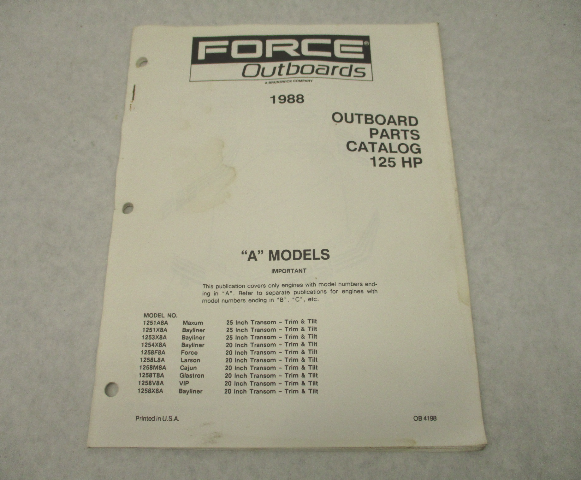 OB4198 Outboard Parts Catalog for Force 125 HP A Models 1988 Bayliner