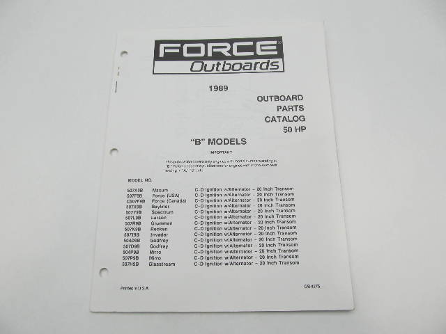 OB4275 Outboard Parts Catalog for Force 50 HP B Models 1989
