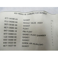 6E8-W0093-00 OEM Carburetor Repair Kit for Yamaha 9.9-15 Hp Outboards 1993-95