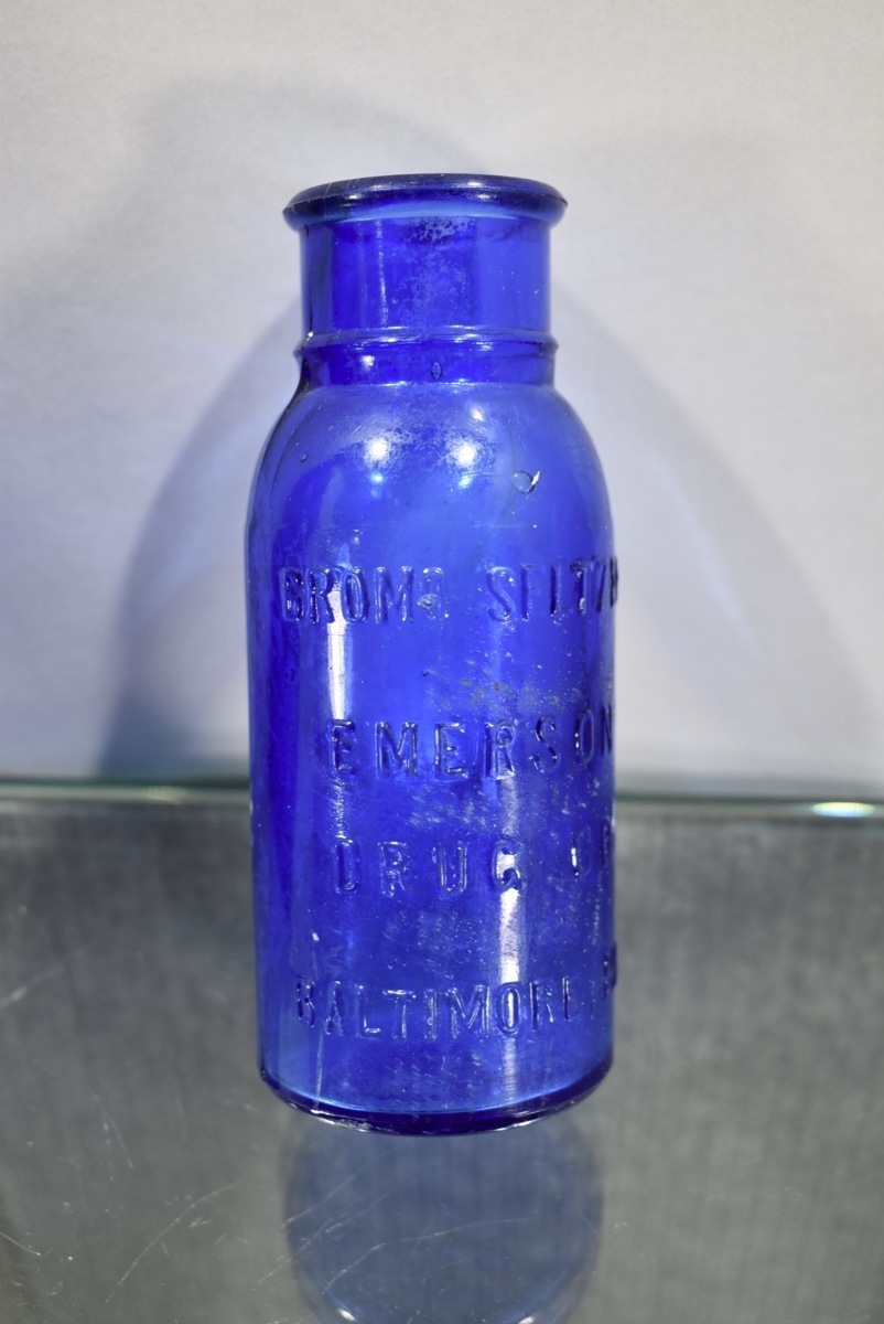 (2) Glass Bottles 9" w. Stopper 4.5" Bromo Seltzer Cobalt Blue Emerson