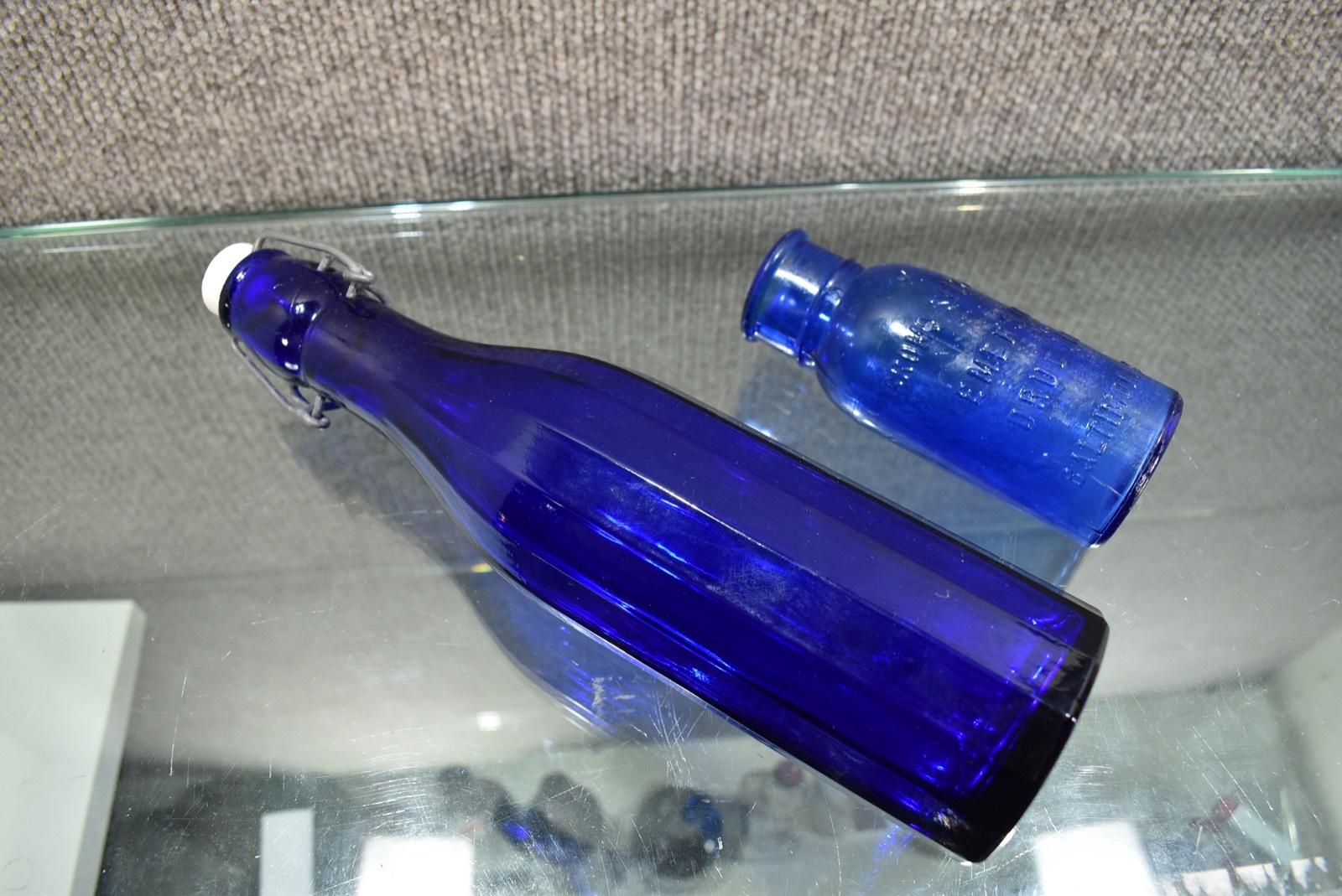 (2) Glass Bottles 9" w. Stopper 4.5" Bromo Seltzer Cobalt Blue Emerson