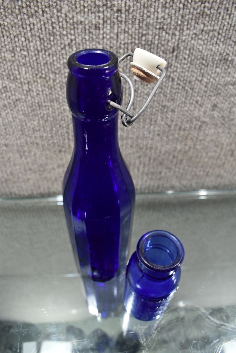 (2) Glass Bottles 9" w. Stopper 4.5" Bromo Seltzer Cobalt Blue Emerson