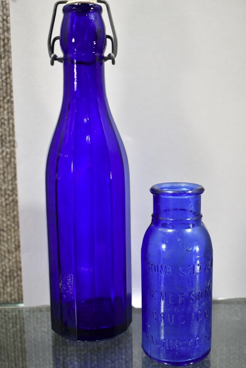 (2) Glass Bottles 9" w. Stopper 4.5" Bromo Seltzer Cobalt Blue Emerson