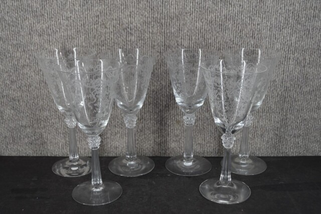 Vintage Fostoria Romance Etched Glass Wine or Water Goblets With Flowers & Ribbon Design 6 Piece
