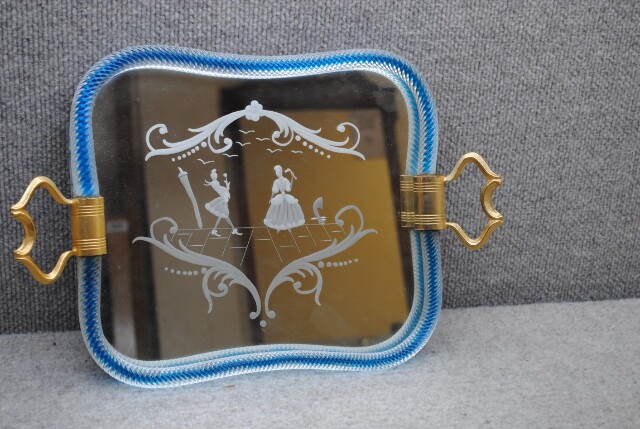 Italian Serving Tray Murano Glass w/Mirror Engraving