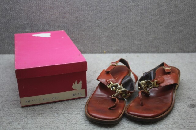 Rust Brown Strappy Thong Sandal with Gold Ram Decoration Made in Italy